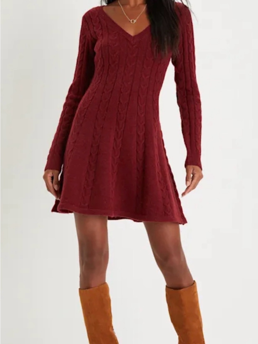 Lulu's Burgundy Cable Knit V-Neck Sweater Dress Sz Small New Preppy Cottagecore